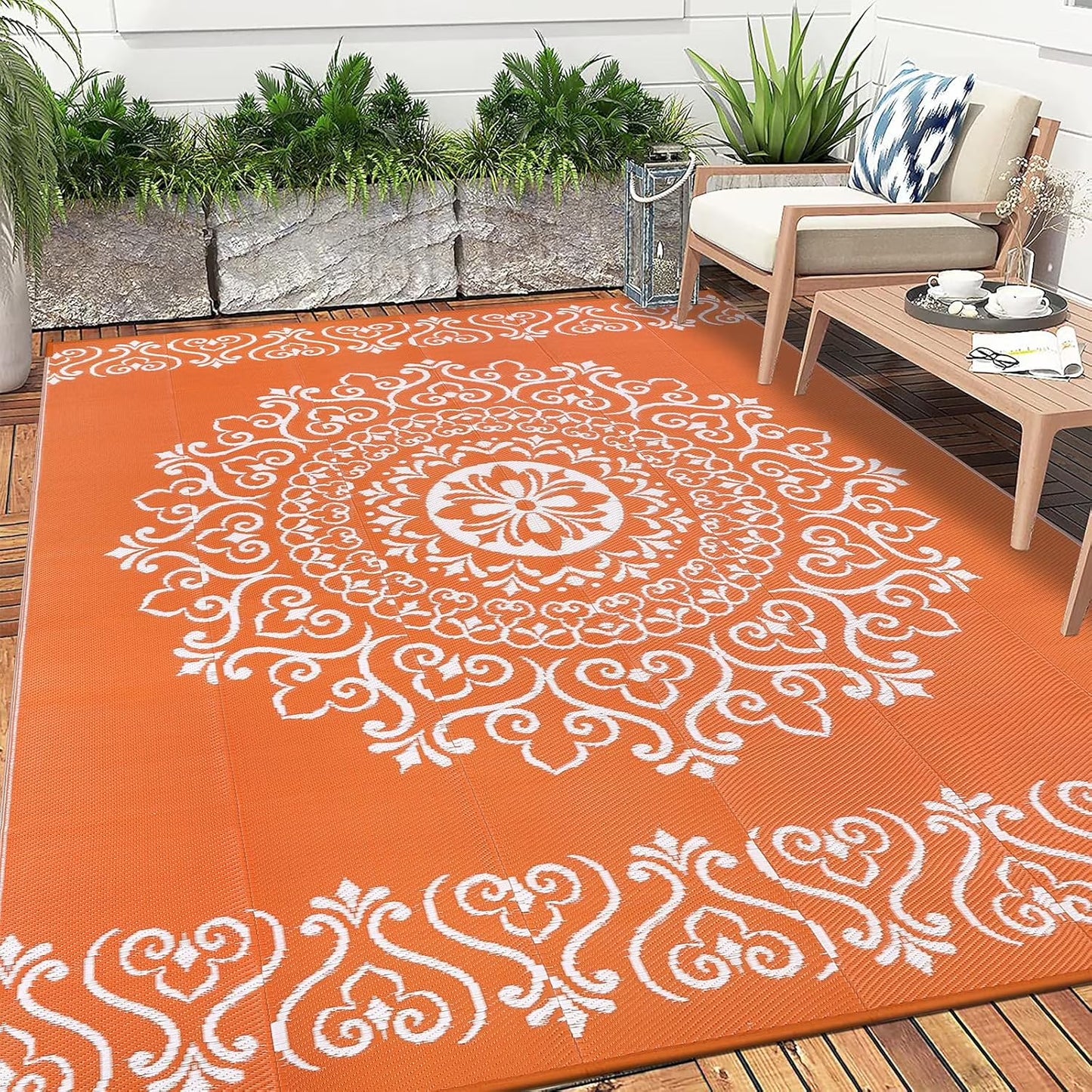 6'X9' Orange Outdoor Rug Patio Rug Waterproof RV Outdoor Rug Camping Rugs Reversible Plastic Straw Rug Large Outdoor Mat for Camping, Balcony Apartment, Patio, Porch, Picnic, Beach