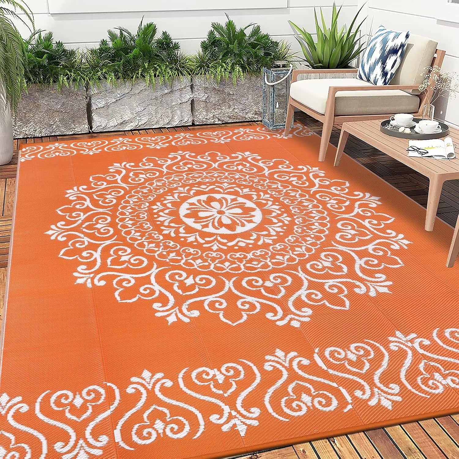 6'X9' Orange Outdoor Rug Patio Rug Waterproof RV Outdoor Rug Camping Rugs Reversible Plastic Straw Rug Large Outdoor Mat for Camping, Balcony Apartment, Patio, Porch, Picnic, Beach
