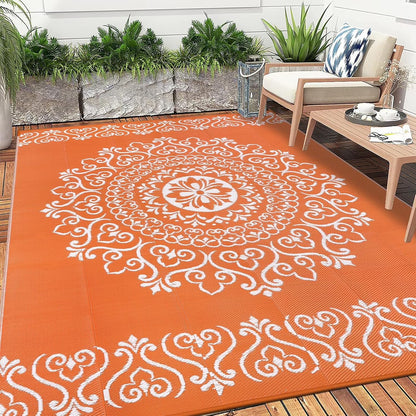 6'X9' Orange Outdoor Rug Patio Rug Waterproof RV Outdoor Rug Camping Rugs Reversible Plastic Straw Rug Large Outdoor Mat for Camping, Balcony Apartment, Patio, Porch, Picnic, Beach