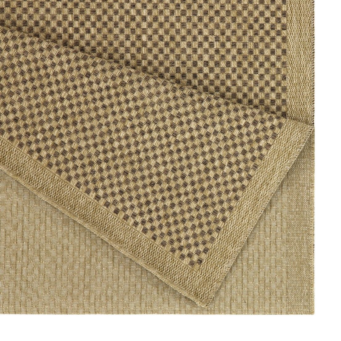 Close-up of a beige and brown checkered patterned rug corner.