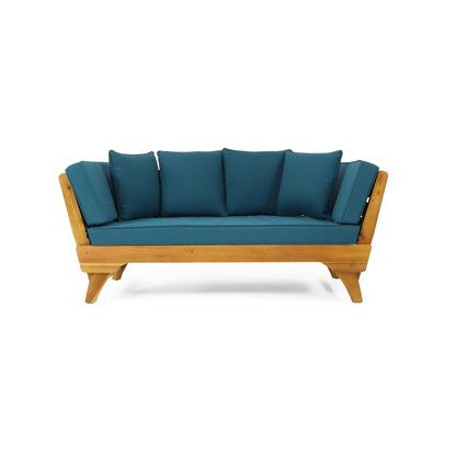 Wooden sofa with blue cushions on a white background