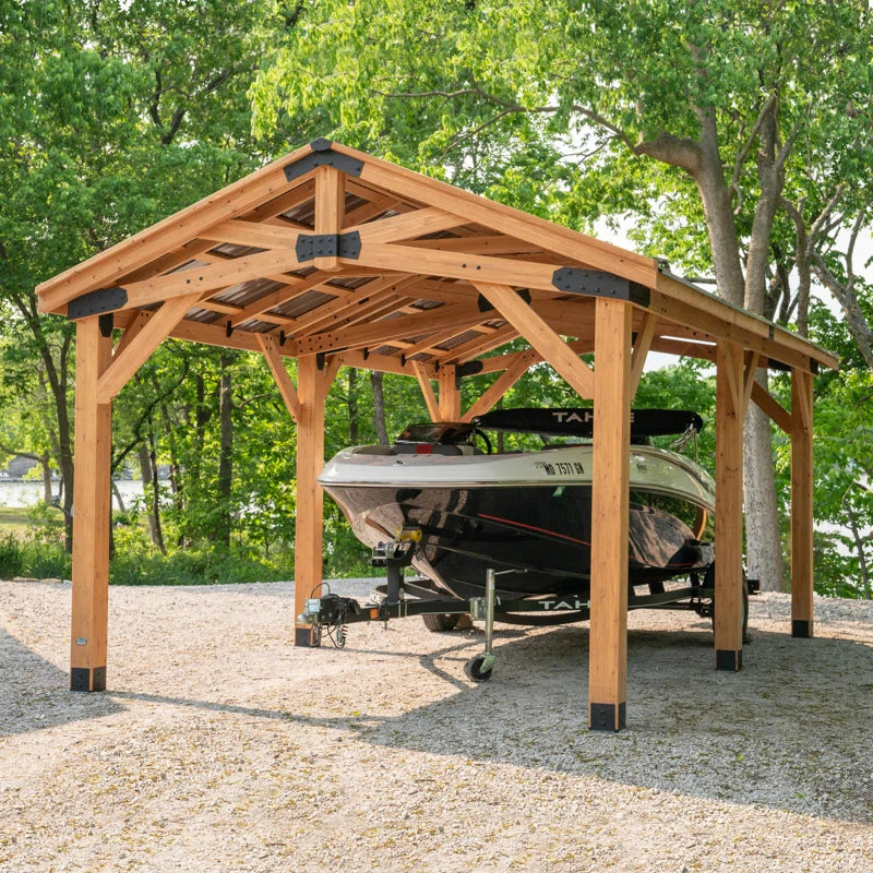 Norwood 24' X 12' Cedar Wood Outdoor Patio Gazebo with Hardtop Galvanized Steel Peak Roof and Powerport
