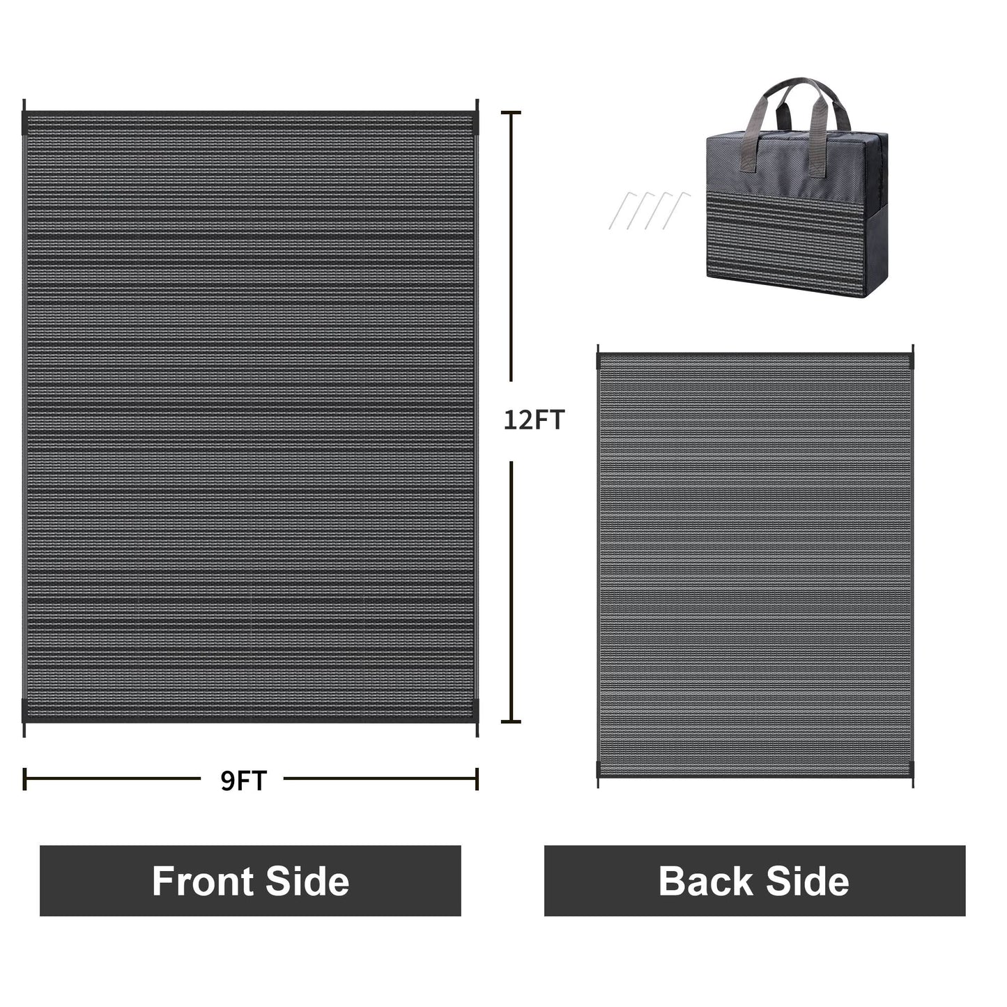 9'X 12' Outdoor Waterproof Rug Camping Mat Patio Carpet,Black&Gray