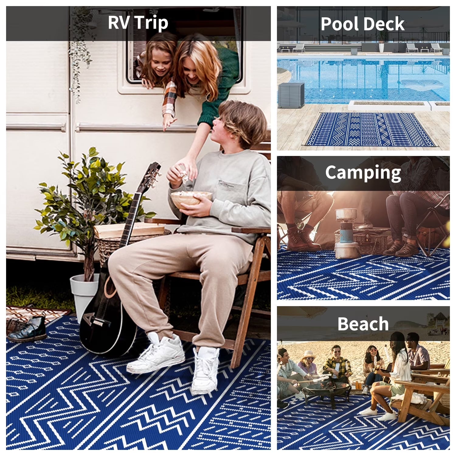 Outdoor Rug 5'X8' Waterproof Patio Rug Reversible Indoor Outdoor Rug Lightweight Plastic Straw Rug for RV Camping Deck Balcony Boho Porch Decor Blue and White
