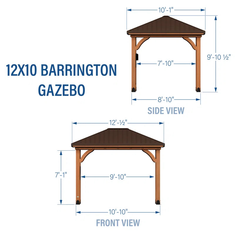 Barrington 12' X 10' Cedar Wood Outdoor Patio Gazebo with Hardtop Galvanized Steel Hip Roof and Powerport