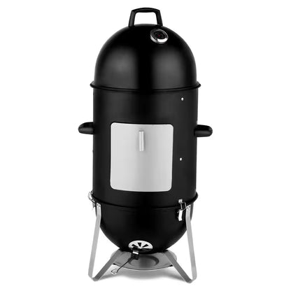 Vertical Steel Charcoal Smoker in Black Three Layer round BBQ Grill