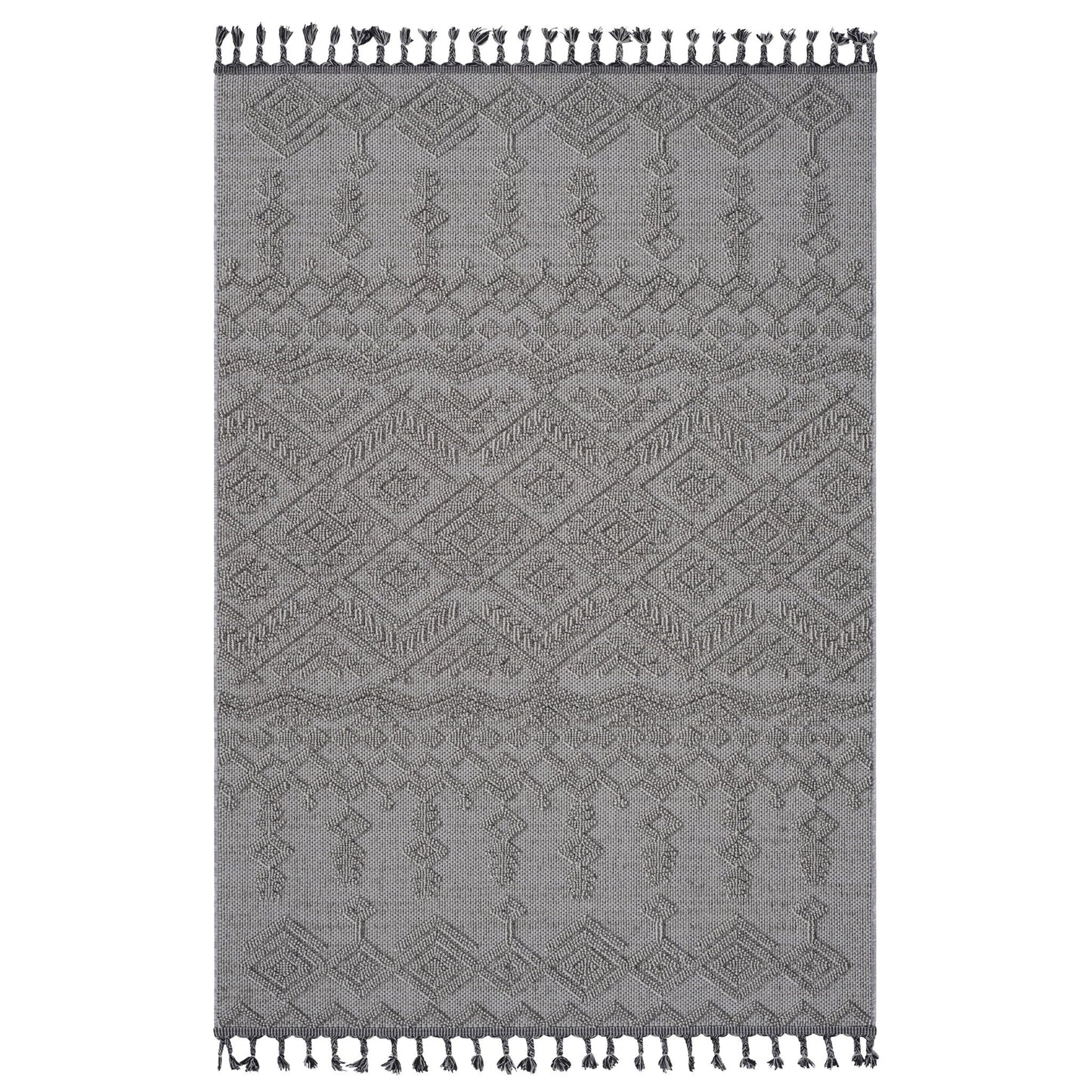 Gray patterned rug with white tassels on a white background