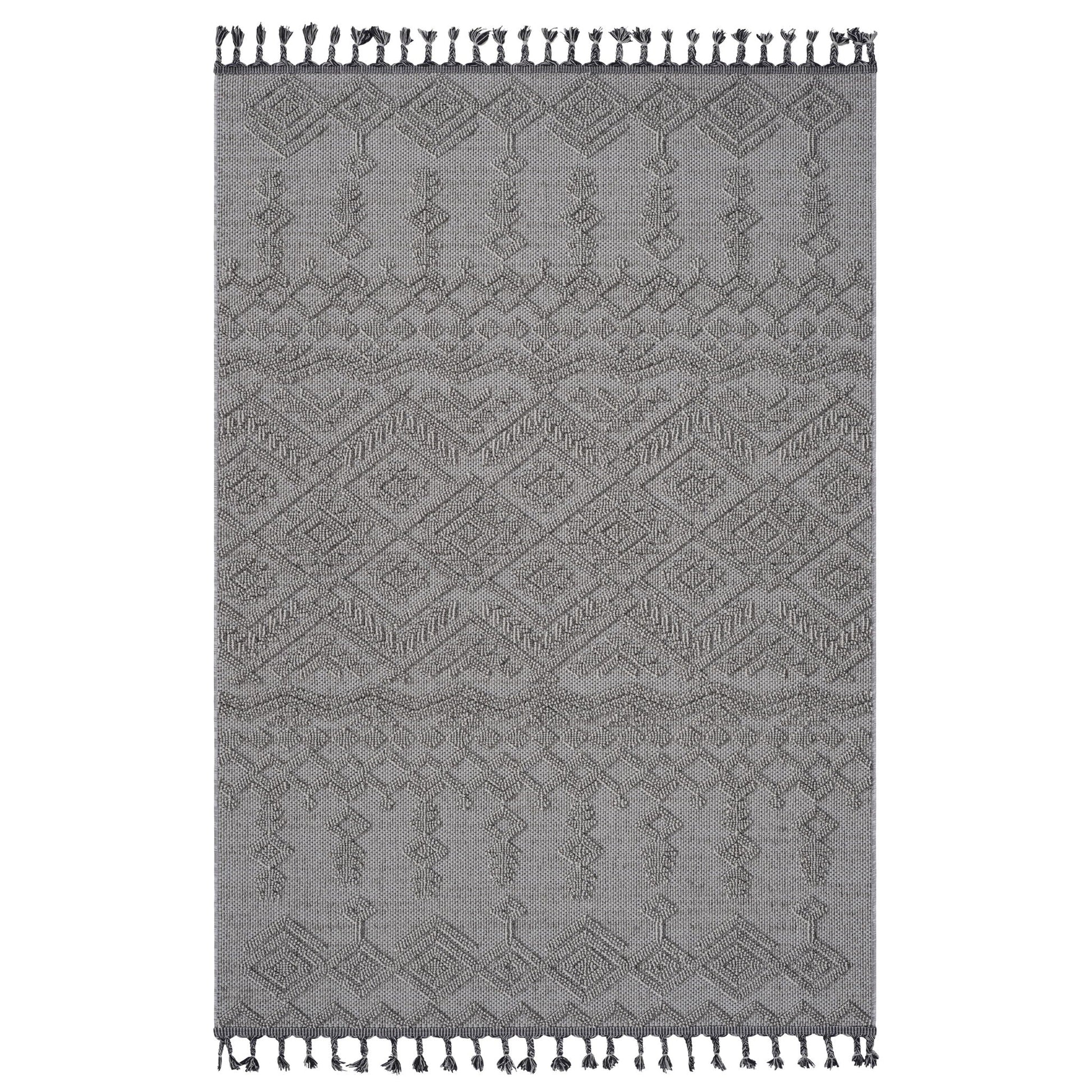 Gray patterned rug with white tassels on a white background