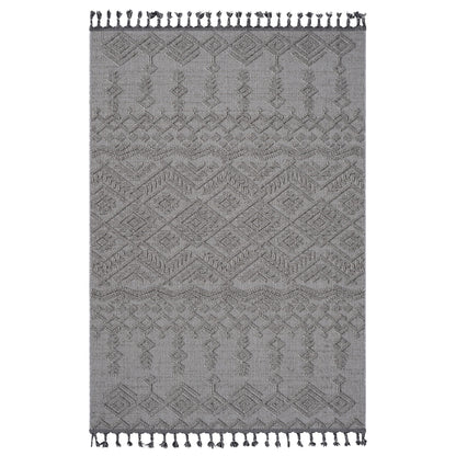 Gray patterned rug with white tassels on a white background