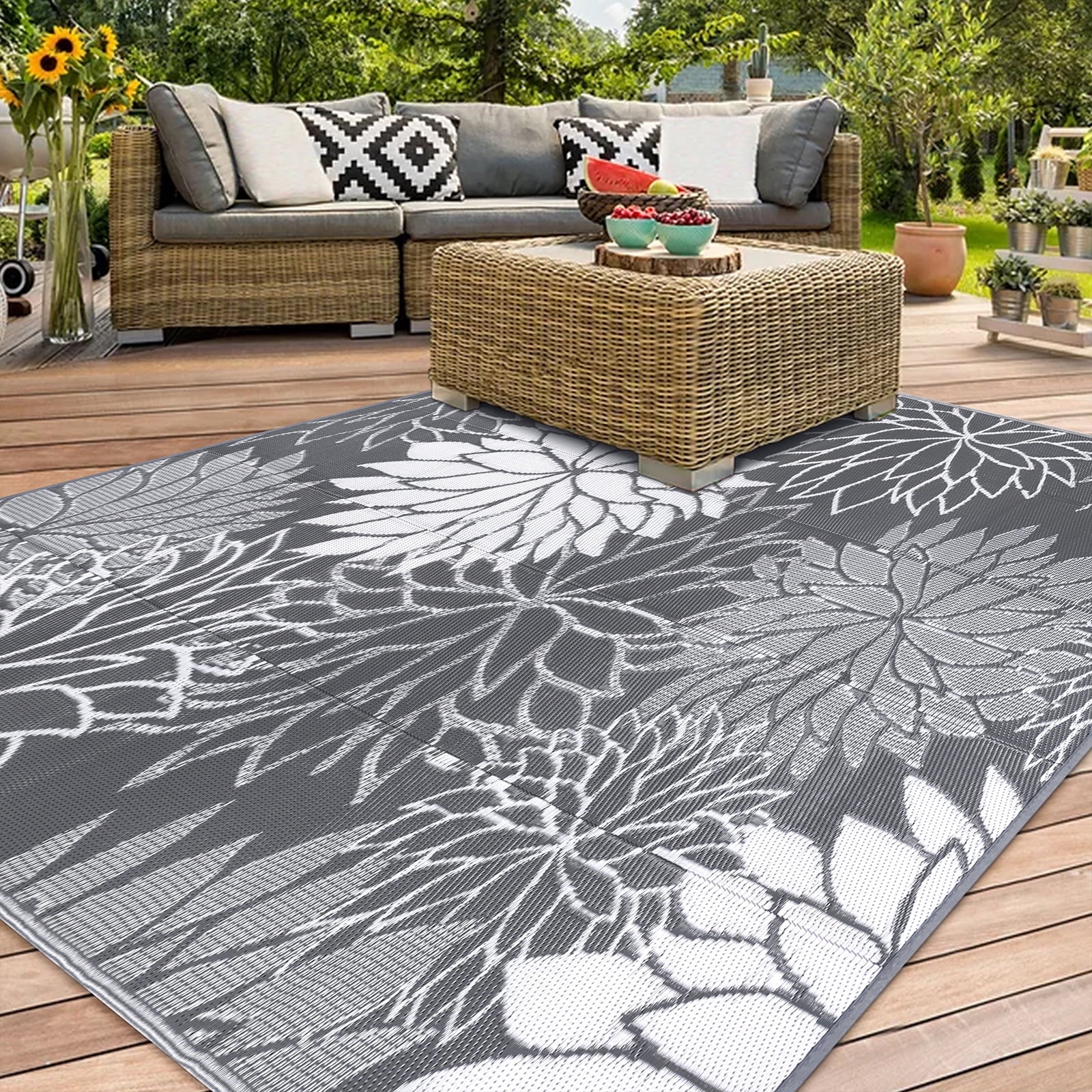 Outdoor Rugs for Patios Clearance 9'X12' Waterproof Patio Mat Plastic Straw Rug Reversible RV Camping Tent Rug outside Area Rug for RV, Patios,Deck, Beach,Balcony, Camping