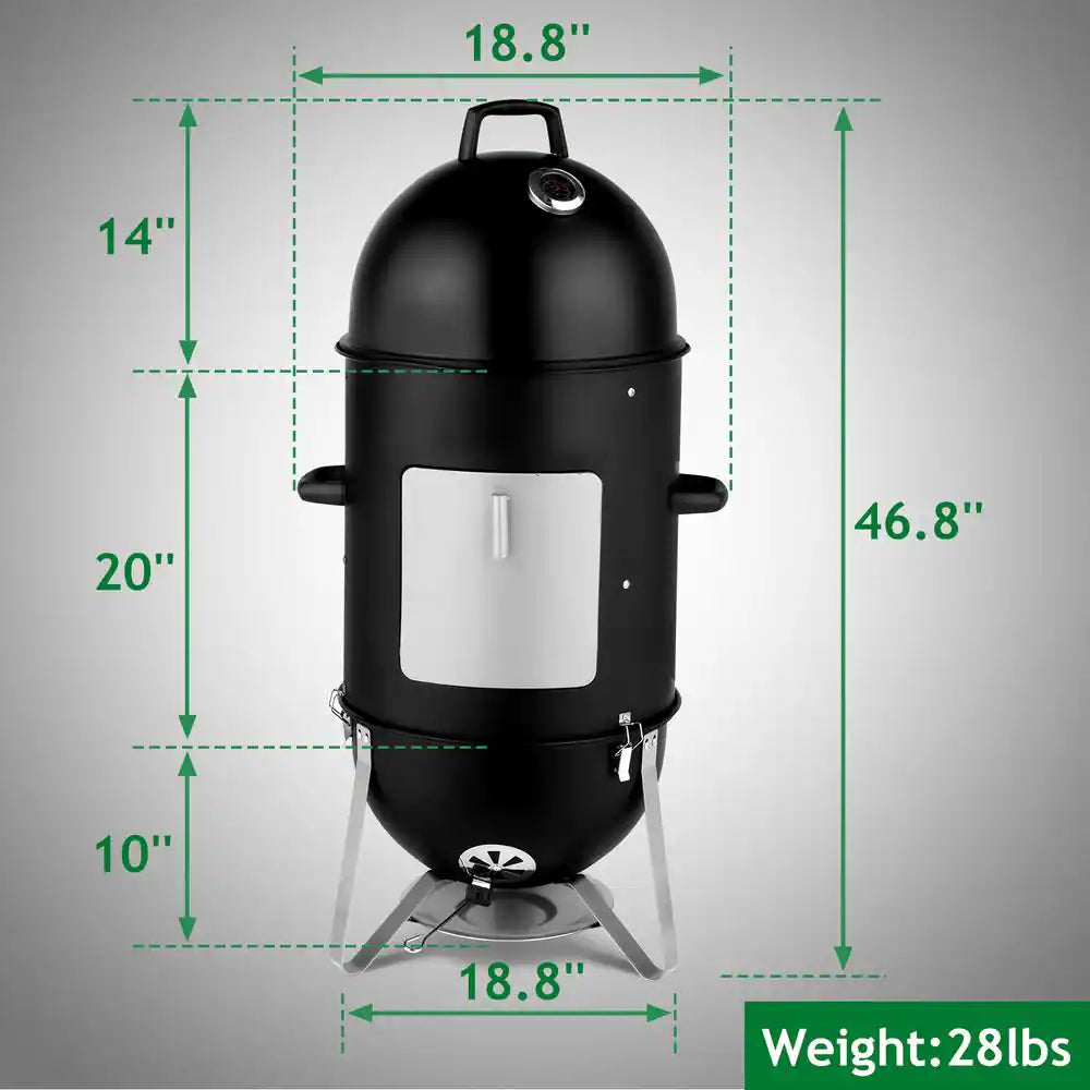 Vertical Steel Charcoal Smoker in Black Three Layer round BBQ Grill