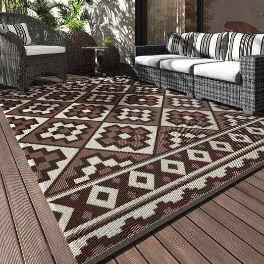 Outdoor Rug 9'X12' Waterproof Reversible Patio Rug Modern Lightweight Plastic Straw Indoor Outdoor Rug for RV Camping Deck Balcony Porch Boho Patio Decor Outdoor Carpet Brown and Beige