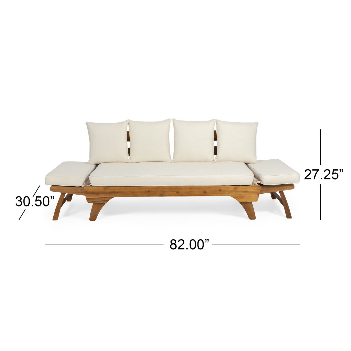 Wooden outdoor sofa with white cushions and dimensions displayed on a white background