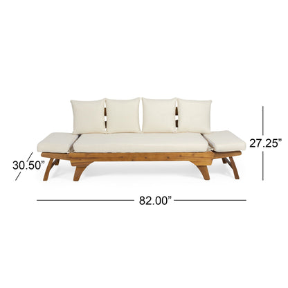 Wooden outdoor sofa with white cushions and dimensions displayed on a white background