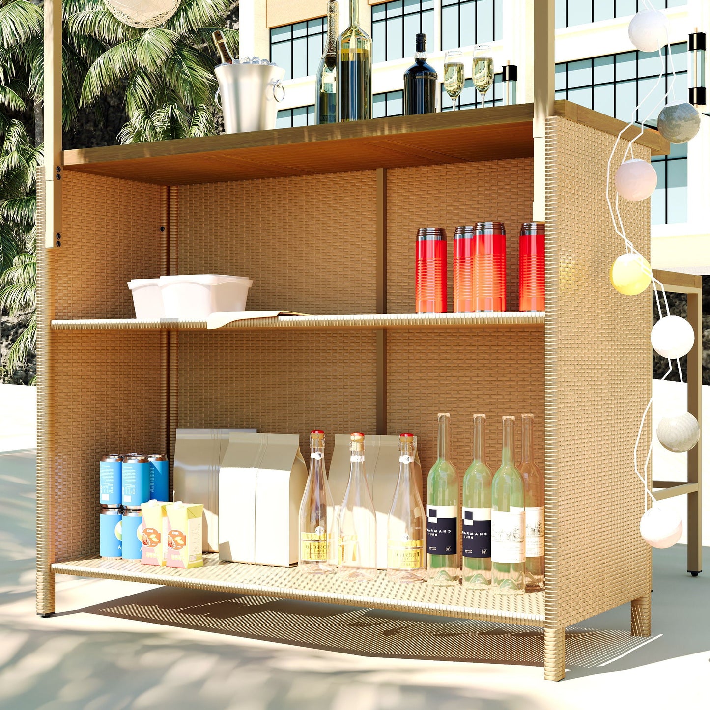 Shelving unit with various items including bottles and containers in a modern indoor setting.
