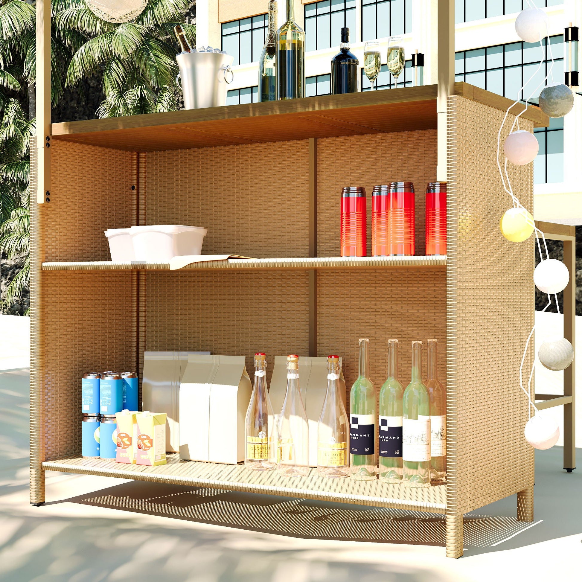 Shelving unit with various items including bottles and containers in a modern indoor setting.