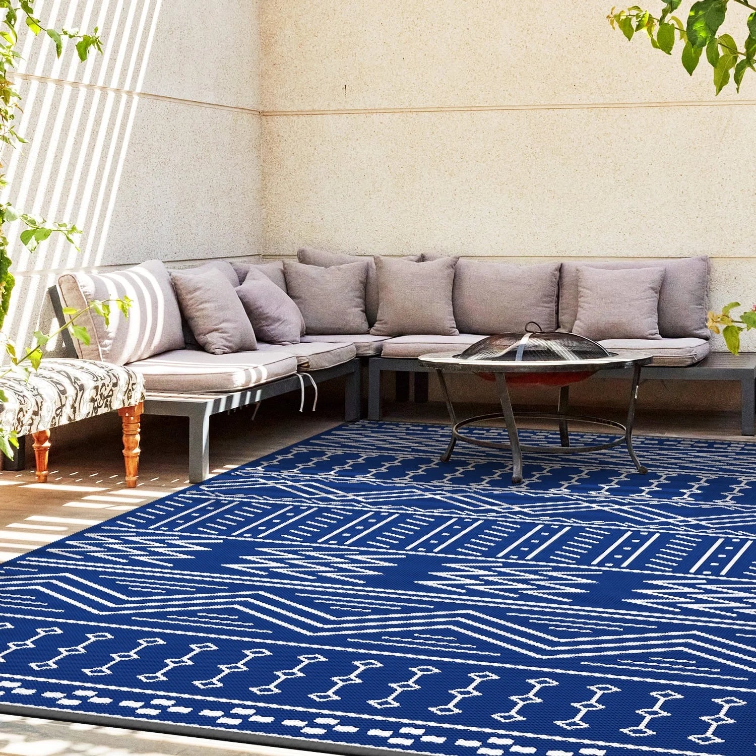 Outdoor Rug 5'X8' Waterproof Patio Rug Reversible Indoor Outdoor Rug Lightweight Plastic Straw Rug for RV Camping Deck Balcony Boho Porch Decor Blue and White