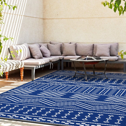 Outdoor Rug 5'X8' Waterproof Patio Rug Reversible Indoor Outdoor Rug Lightweight Plastic Straw Rug for RV Camping Deck Balcony Boho Porch Decor Blue and White