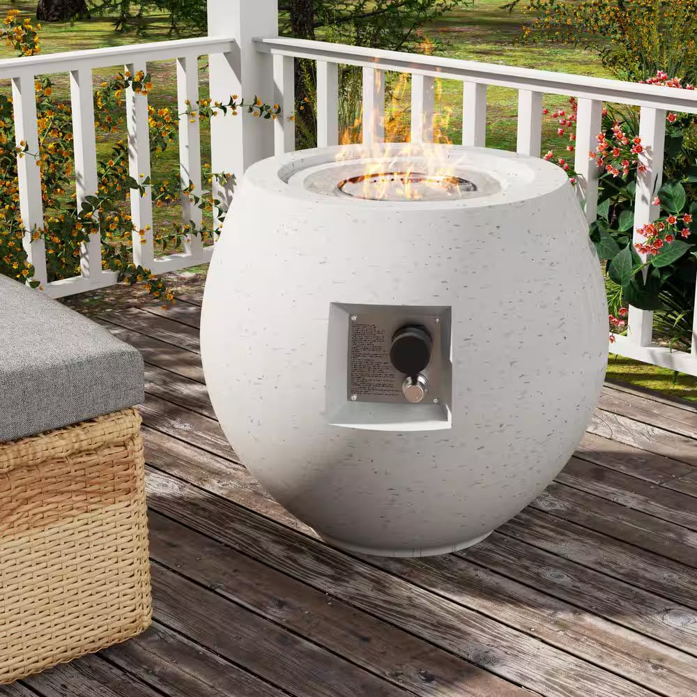 21.25 In. White round Concrete Propane Gas Fire Pit Table 40,000-BTU with Lid