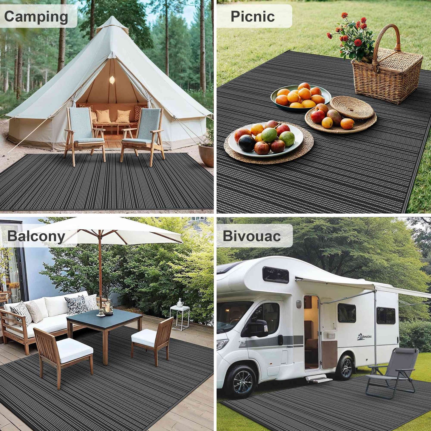 9'X 12' Outdoor Waterproof Rug Camping Mat Patio Carpet,Black&Gray