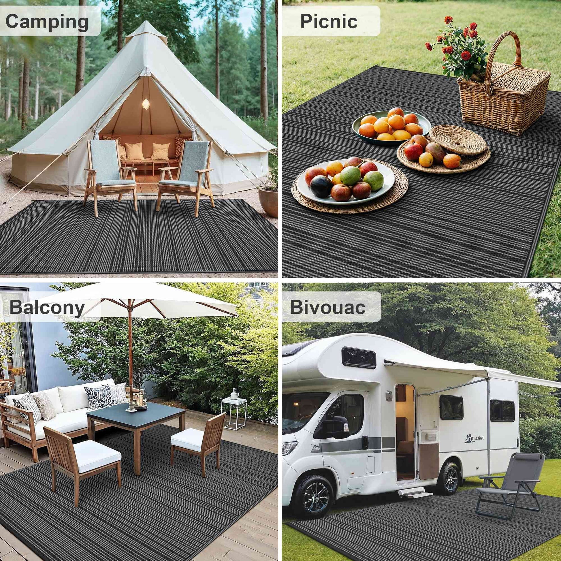 9'X 12' Outdoor Waterproof Rug Camping Mat Patio Carpet,Black&Gray