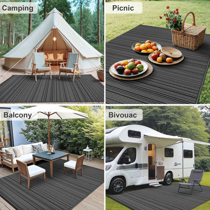 9'X 12' Outdoor Waterproof Rug Camping Mat Patio Carpet,Black&Gray