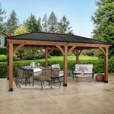 Backyard Discovery Barrington Gazebo | 20' x 12' Cedar Hardtop Patio Gazebo with Steel Hip Roof & PowerPort