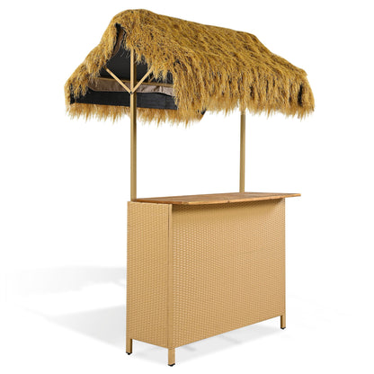 Beige outdoor bar with thatched roof on a white background