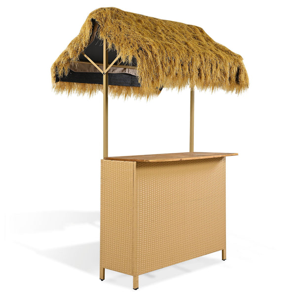 Hawaiian-Style Outdoor Bar Set | Acacia Wood Top, PE Grass Canopy & 2 Stools | Adjustable Feet | Natural