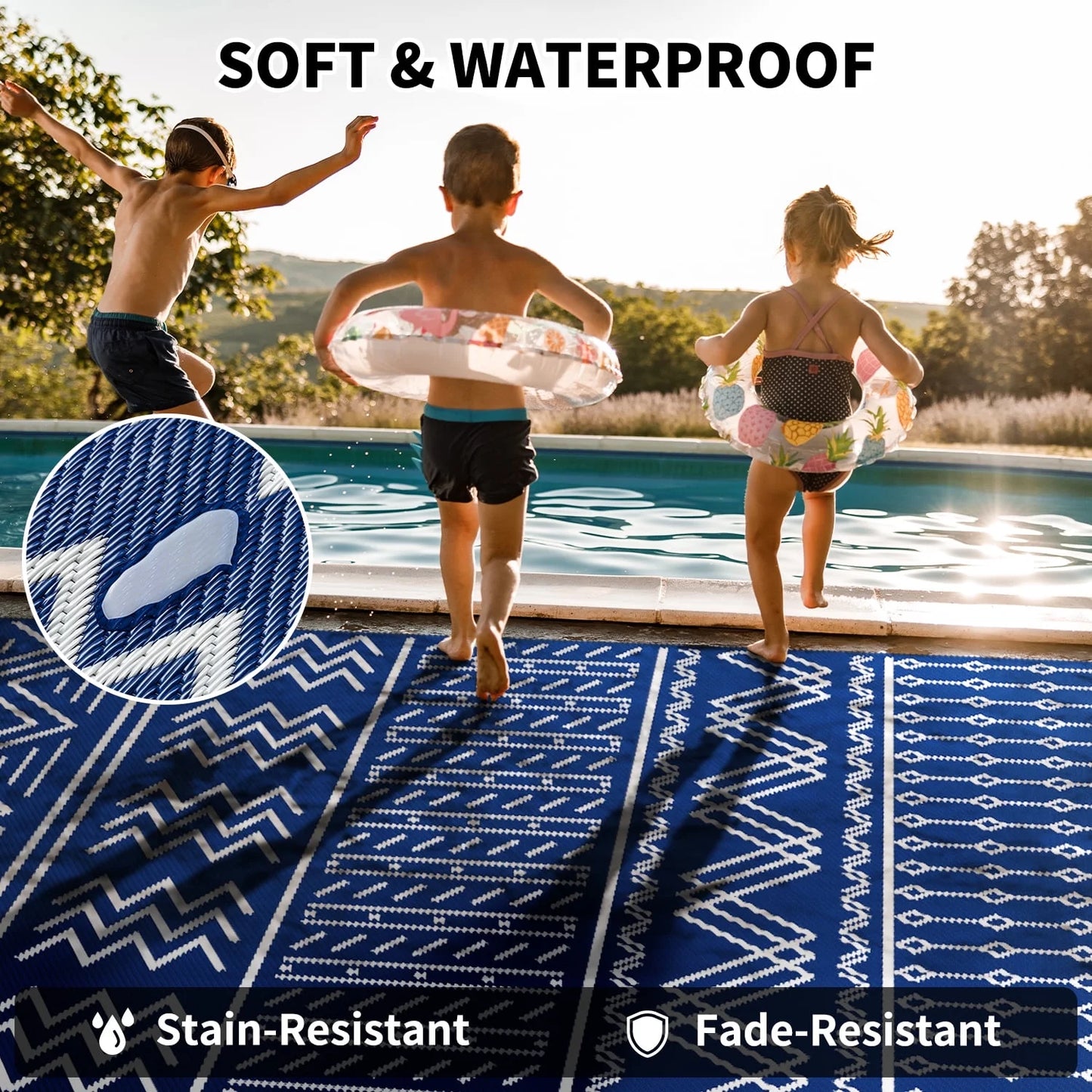Outdoor Rug 5'X8' Waterproof Patio Rug Reversible Indoor Outdoor Rug Lightweight Plastic Straw Rug for RV Camping Deck Balcony Boho Porch Decor Blue and White