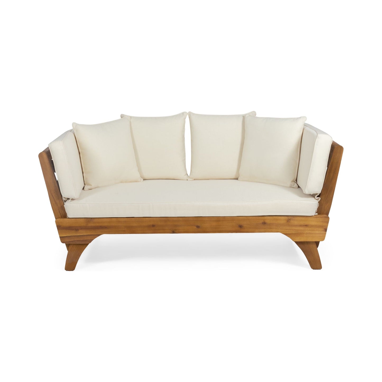 Wooden sofa with white cushions on a white background