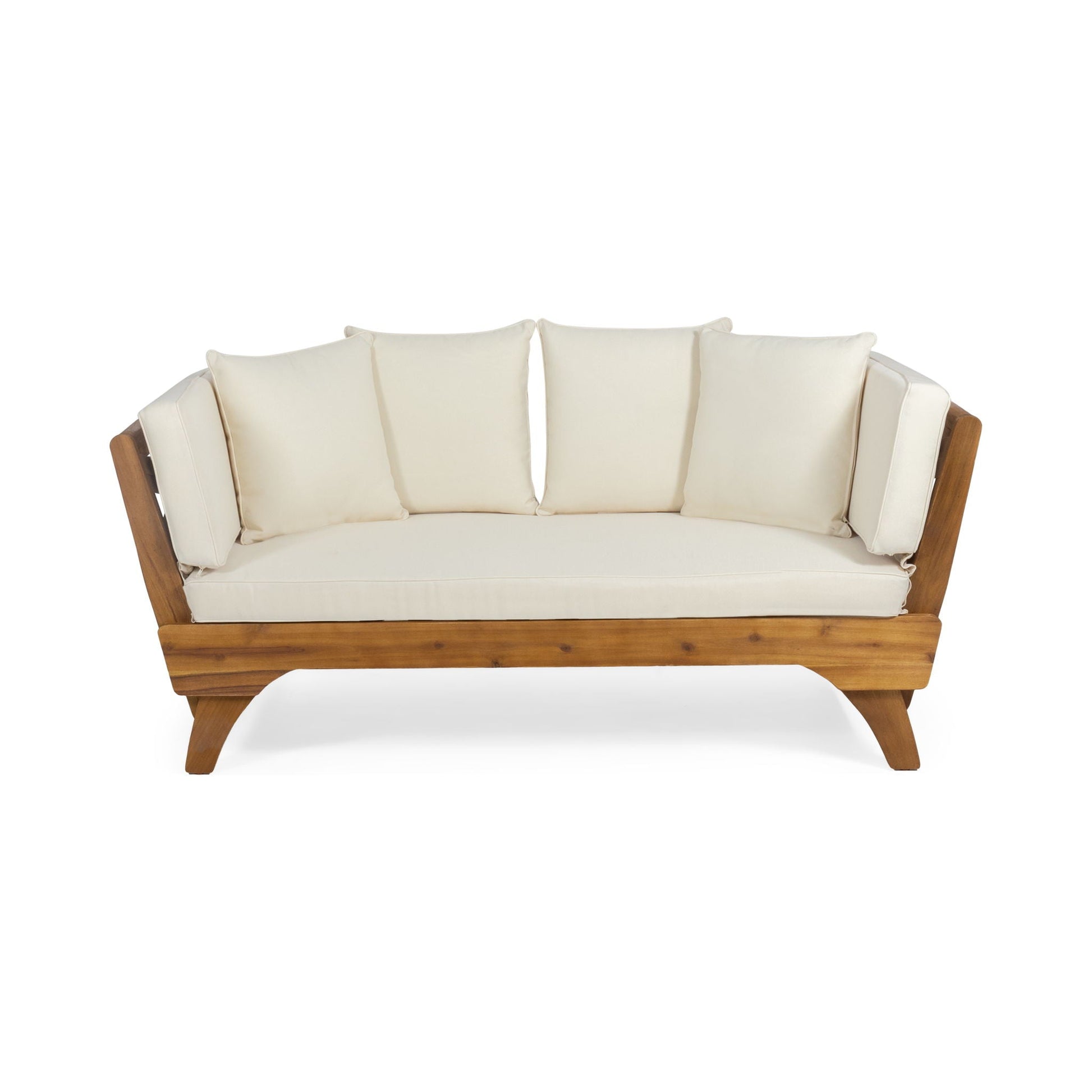 Wooden sofa with white cushions on a white background