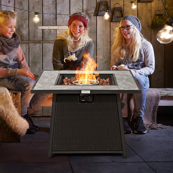35'' Propane Gas Fire Pit Table Patio PE Wicker Rattan W/ Lava Rocks PVC Cover