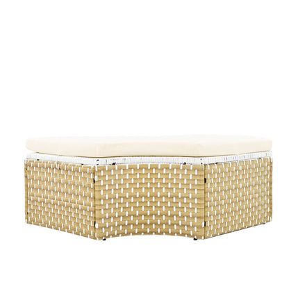 Woven ottoman with a beige cushion on a white background