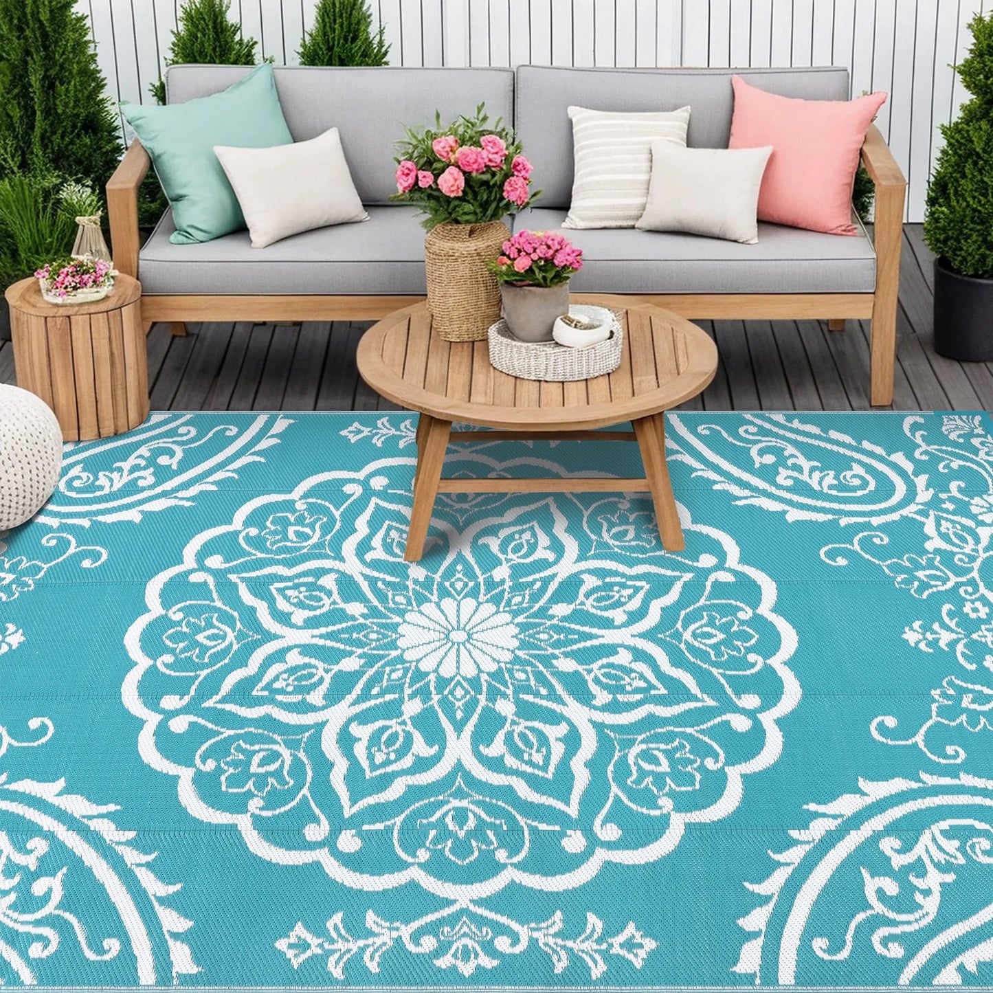 6'X9' Outdoor Rug, Patio Rug Waterproof RV Outdoor Rug Camping Rugs Reversible Plastic Mat for Camping, Balcony Apartment, Patio, Porch, Picnic, Beach, Teal