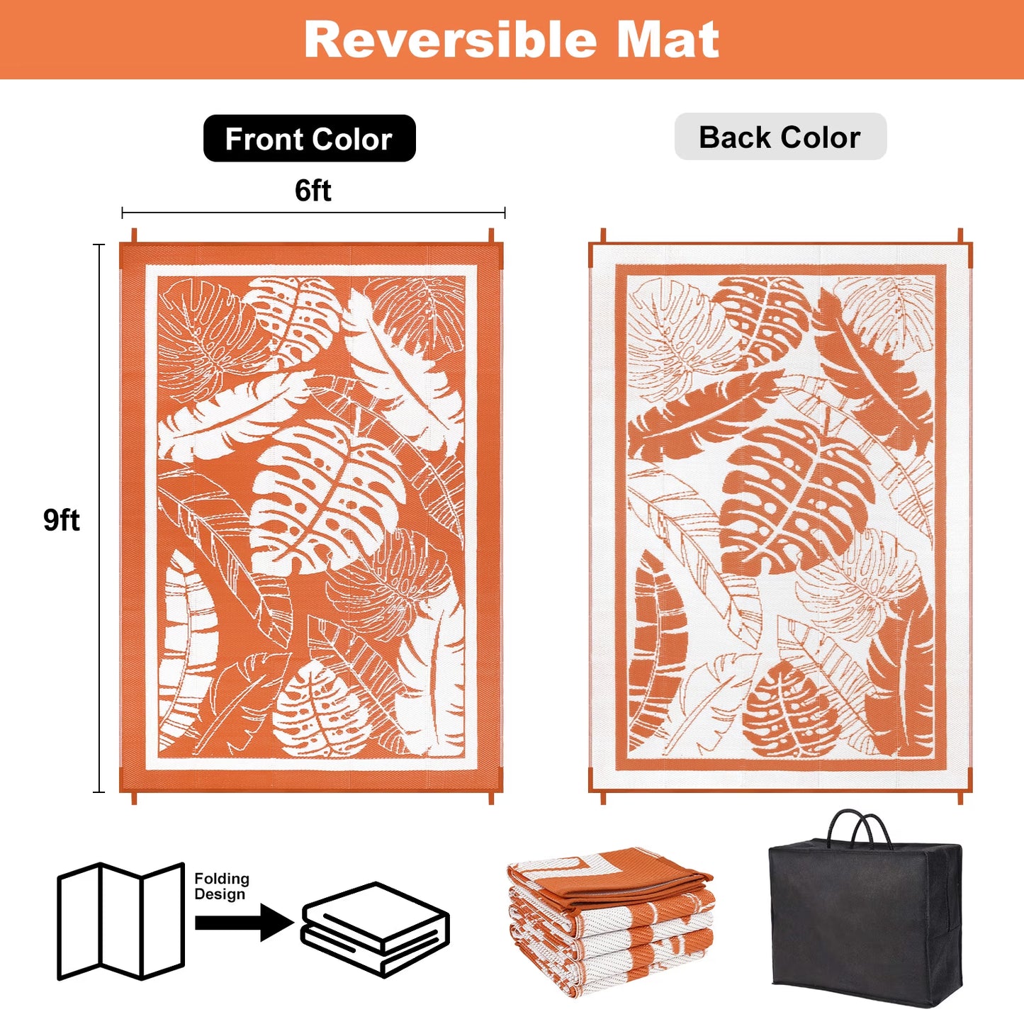 6'X9' Outdoor Rug Patios Rug Waterproof RV Outdoor Rug Camping Rugs Reversible Plastic Straw Rug Large Outdoor Mat Outdoor Area Rug for Camping,Balcony Apartment,Patio,Picnic,Beach Orange