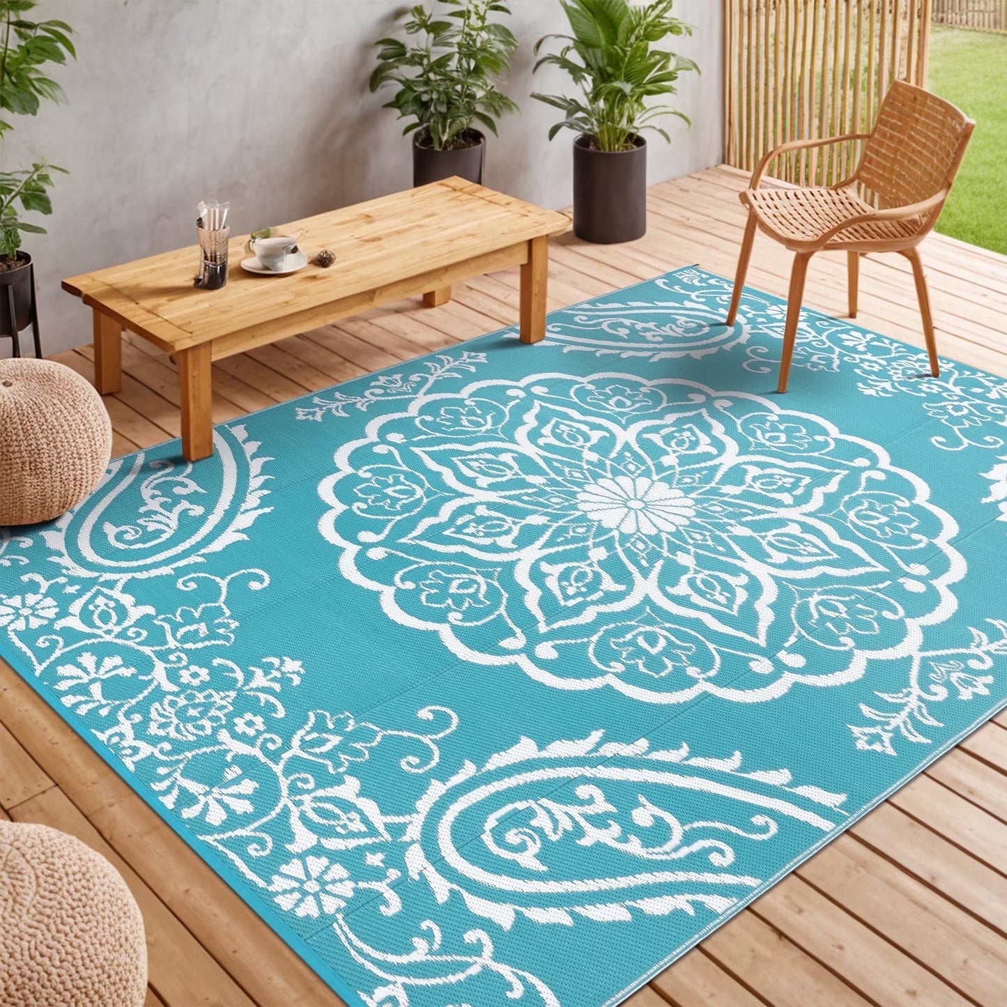 6'X9' Outdoor Rug, Patio Rug Waterproof RV Outdoor Rug Camping Rugs Reversible Plastic Mat for Camping, Balcony Apartment, Patio, Porch, Picnic, Beach, Teal
