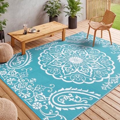 6'X9' Outdoor Rug, Patio Rug Waterproof RV Outdoor Rug Camping Rugs Reversible Plastic Mat for Camping, Balcony Apartment, Patio, Porch, Picnic, Beach, Teal