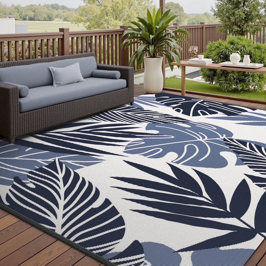 Outdoor Rug 8'X10' Waterproof Reversible Patio Rug for Beach, RV, Camping, Garden, Deck - Beige/Blue
