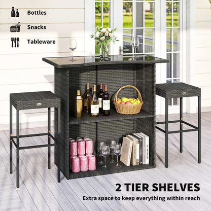 Outsunny 5-Piece Outdoor Bar Set | High-Top PE Rattan Table & 4 Stools | Tempered Glass | Dark Gray