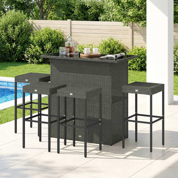 Outsunny 5-Piece Outdoor Bar Set | High-Top PE Rattan Table & 4 Stools | Tempered Glass | Dark Gray