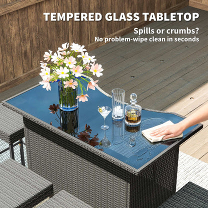 Outsunny 5-Piece Outdoor Bar Set | High-Top PE Rattan Table & 4 Stools | Tempered Glass | Dark Gray