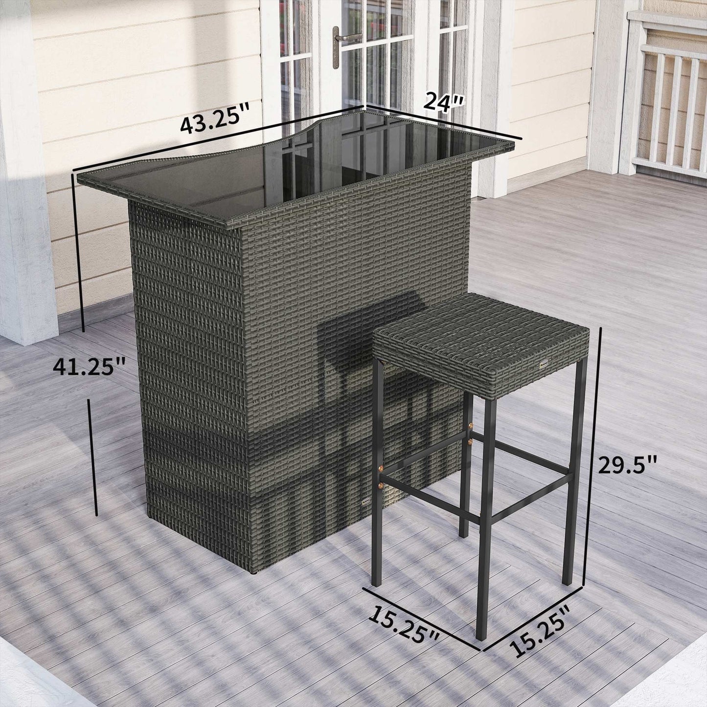 Outsunny 5-Piece Outdoor Bar Set | High-Top PE Rattan Table & 4 Stools | Tempered Glass | Dark Gray