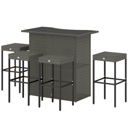Outsunny 5-Piece Outdoor Bar Set | High-Top PE Rattan Table & 4 Stools | Tempered Glass | Dark Gray