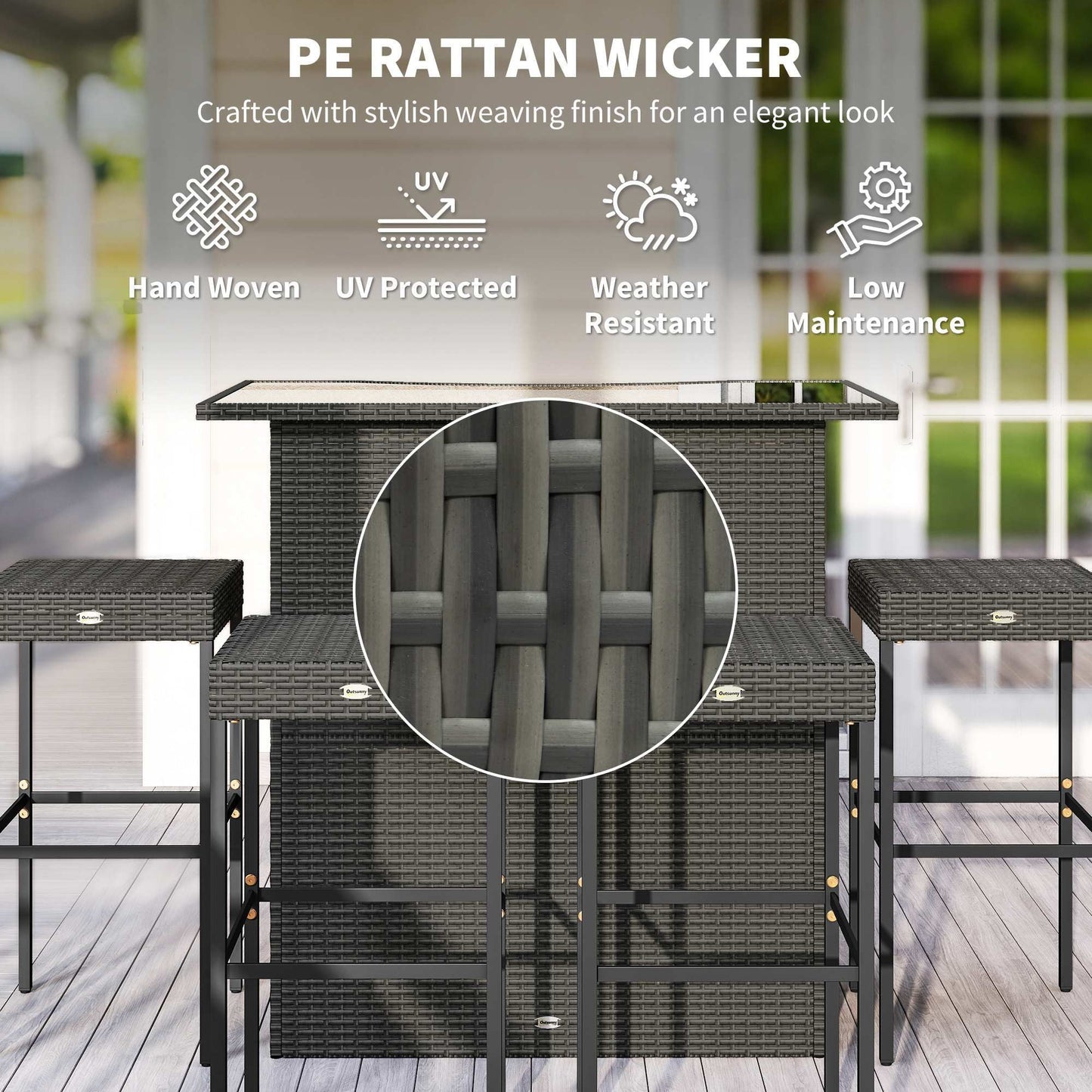 Outsunny 5-Piece Outdoor Bar Set | High-Top PE Rattan Table & 4 Stools | Tempered Glass | Dark Gray