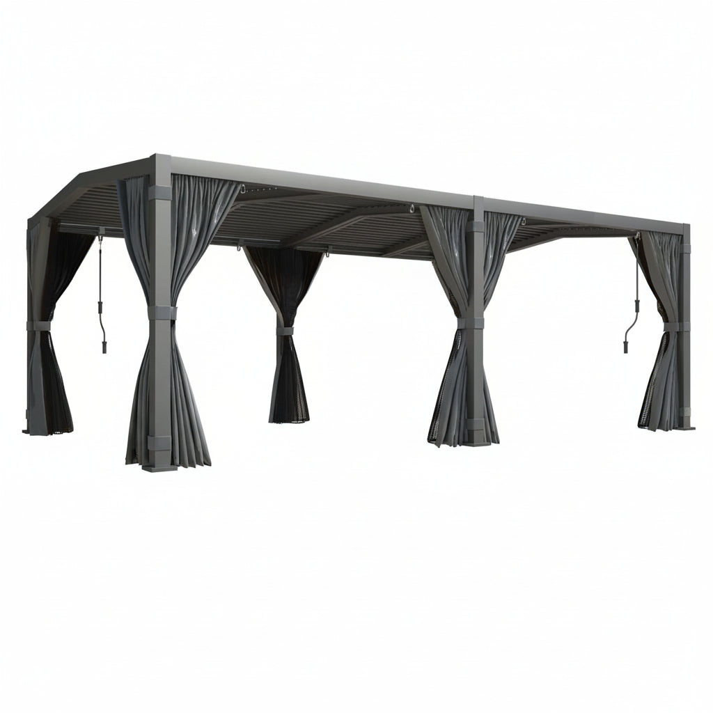 Gray outdoor canopy with curtains on a white background