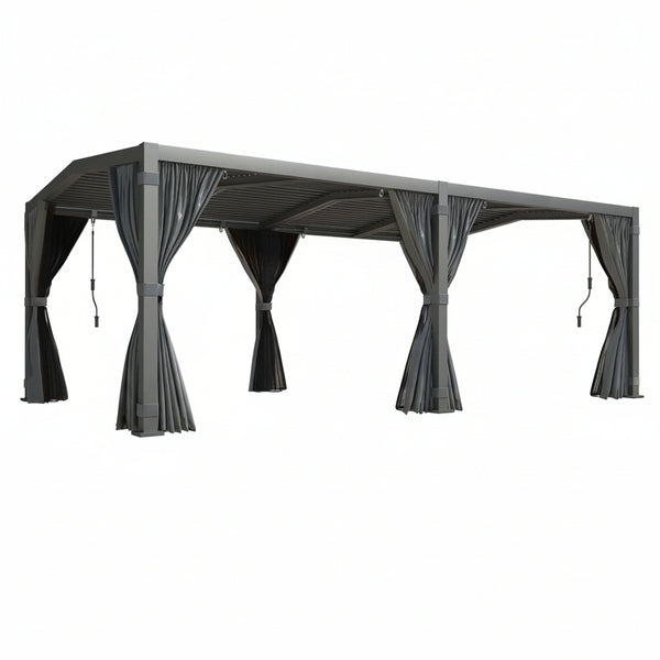 Erommy 12' x 20' Louvered Pergola | Dark Grey Aluminum Hardtop with Adjustable Roof, Curtains & Insect Nets