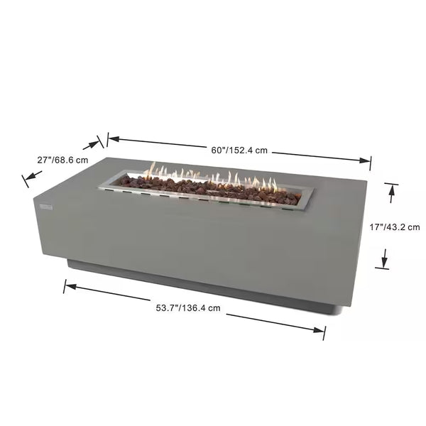 Granville 60'' x 27'' Rectangular Concrete Propane Fire Table | Stainless Burner | Lava Rocks & Cover