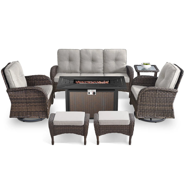 Pocassy 7-Piece Outdoor Fire Pit Patio Set | PE Wicker Conversation Set with 50,000 BTU Propane Fire Table & Beige Cushions