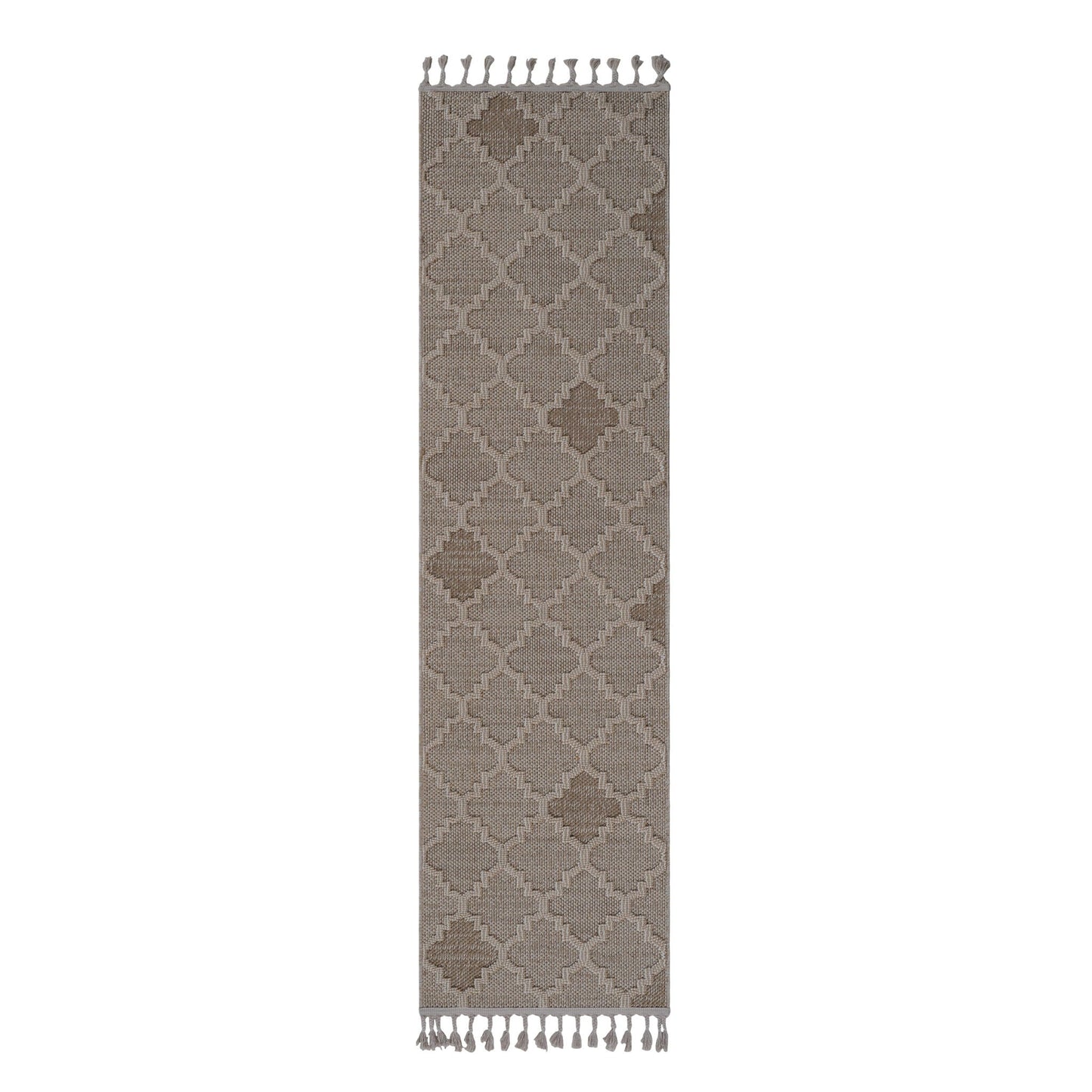 Patterned rug with tassels on a white background